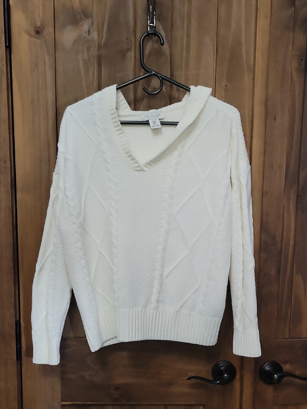 Rachel Zoe Ivory Cable-Knit V-Neck Sweater